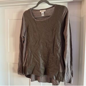 Neiman Marcus Brown Silk Blend Long Sleeve Top with Leather Trim Size M